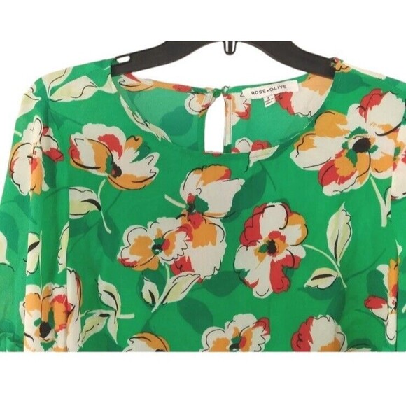 Rose Olive Blouse Womens Green Floral Long Bell Sleeve Scoop Neck Boho Top SZ L - Picture 2 of 9
